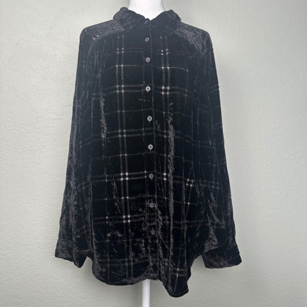 Torrid Velvet Burnout Top Size 1 Black Plaid Sheer Button Up Long Sleeve Shirt